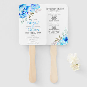 Blue watercolor flowers floral wedding program hand fan
