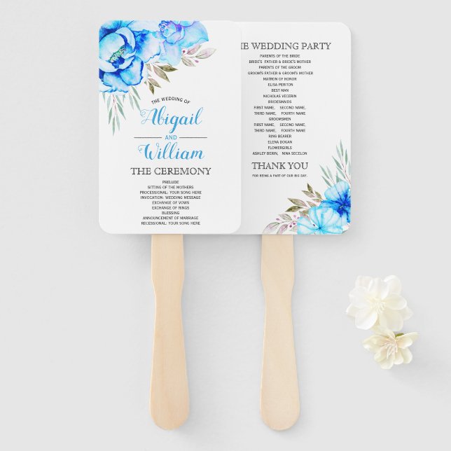 Blue watercolor flowers floral wedding program hand fan (Front and Back)