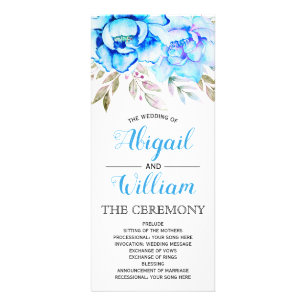Blue watercolor flowers floral wedding program rack card