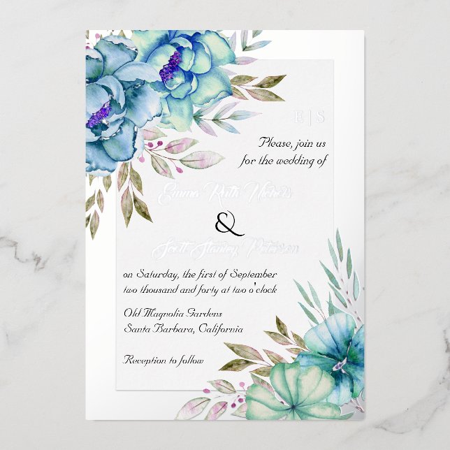 Blue watercolor flowers floral wedding silver (Front)