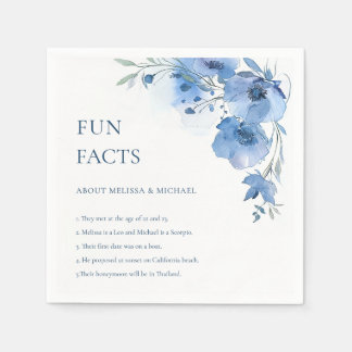 Blue Watercolor Flowers Fun Facts Wedding Napkin