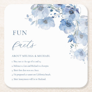 Blue Watercolor Flowers Fun Facts Wedding Square Paper Coaster