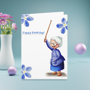 Blue watercolor flowers grandma with cane birthday card
