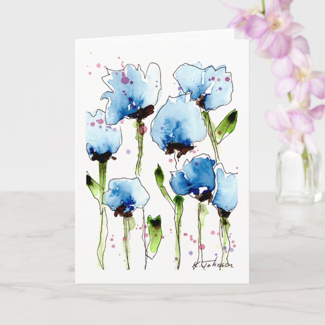 Blue Watercolor Flowers Greeting Card (Orchid)