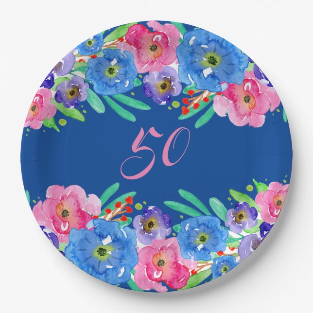 Blue Watercolor Flowers Happy 50th Birthday Paper Plate (Front)