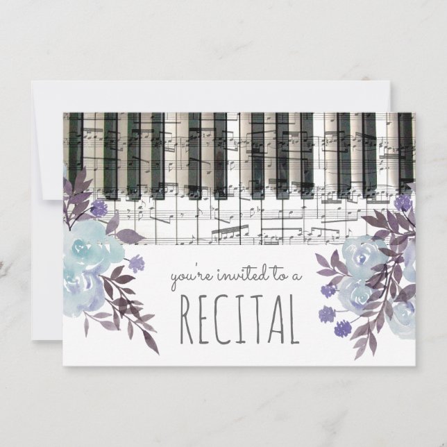 blue watercolor flowers music recital invitation (Front)