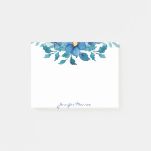 Blue watercolor flowers personalised post-it notes
