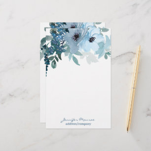 Blue watercolor flowers personalised stationery