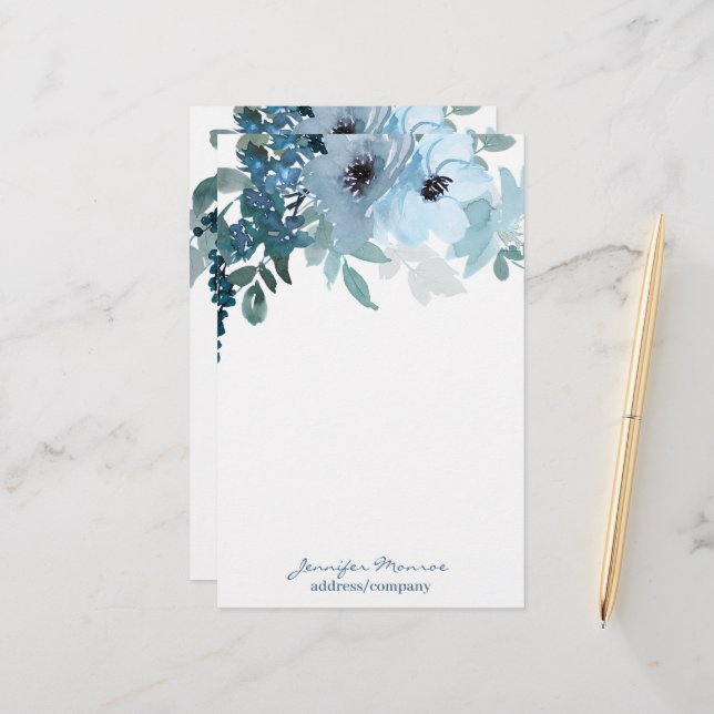 Blue watercolor flowers personalised stationery (Front/Back In Situ)