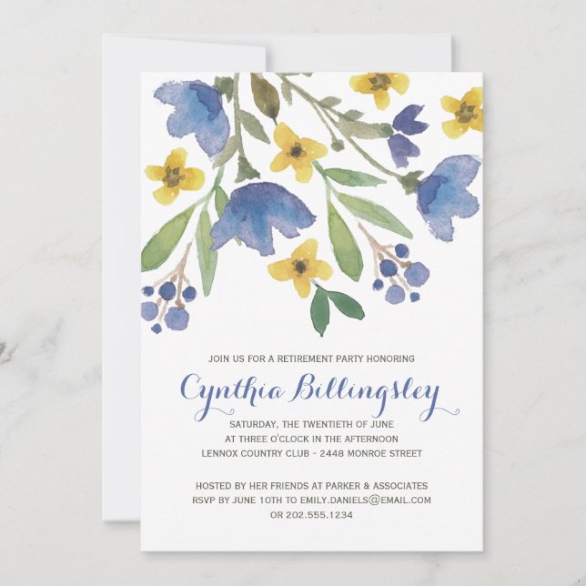Blue Watercolor Flowers | Retirement Party Invitation (Front)
