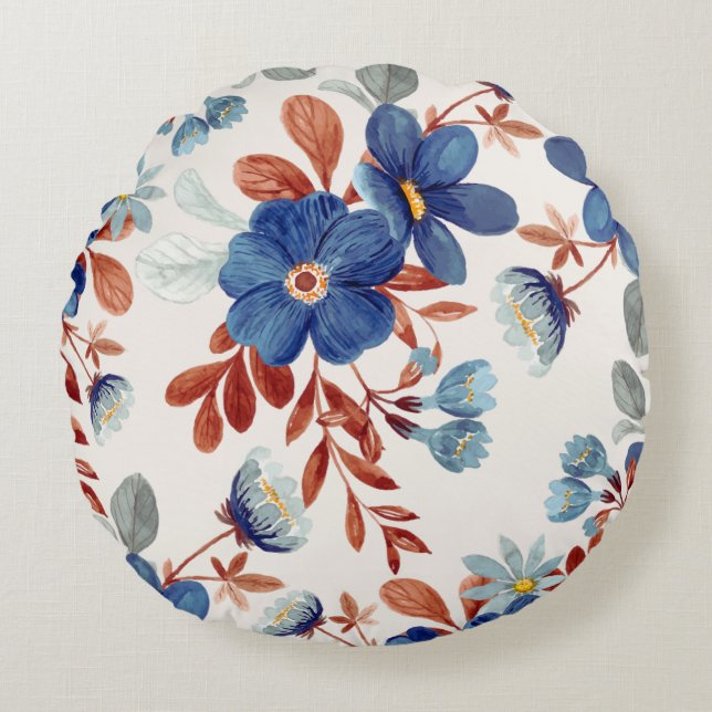 Blue Watercolor Flowers Round Pillow (Front)