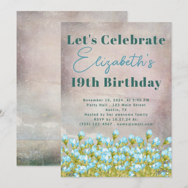 Blue Watercolor Flowers Rustic Background Invitation (Front/Back)