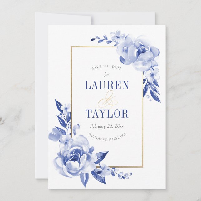 Blue Watercolor Flowers Save the Date (Front)
