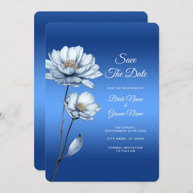 Blue Watercolor Flowers Save The Date (Front/Back)