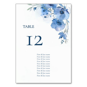 Blue Watercolor Flowers Seating Chart Table Number