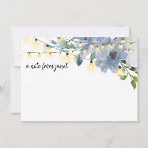 Blue Watercolor Flowers & String Lights Note Card