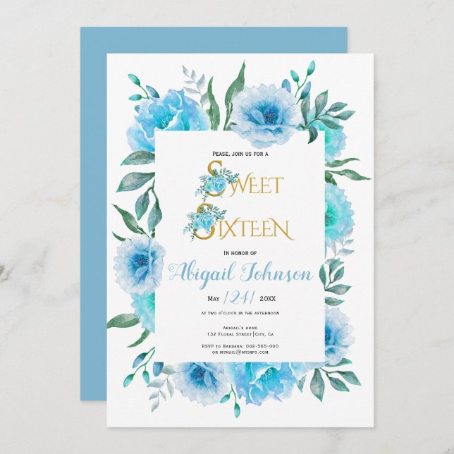 Blue watercolor flowers sweet sixteen birthday invitation (Front/Back)