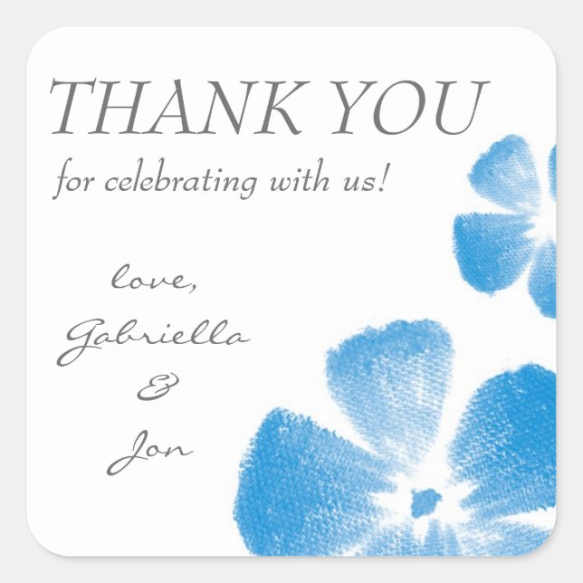 Blue Watercolor Flowers Thank You Stickers (Front)