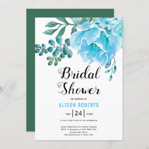 Blue watercolor flowers wedding bridal shower invitation