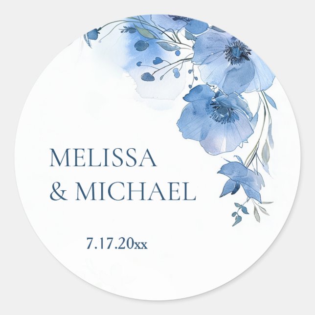 Blue Watercolor Flowers Wedding Classic Round Sticker (Front)