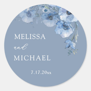 Blue Watercolor Flowers Wedding Classic Round Sticker