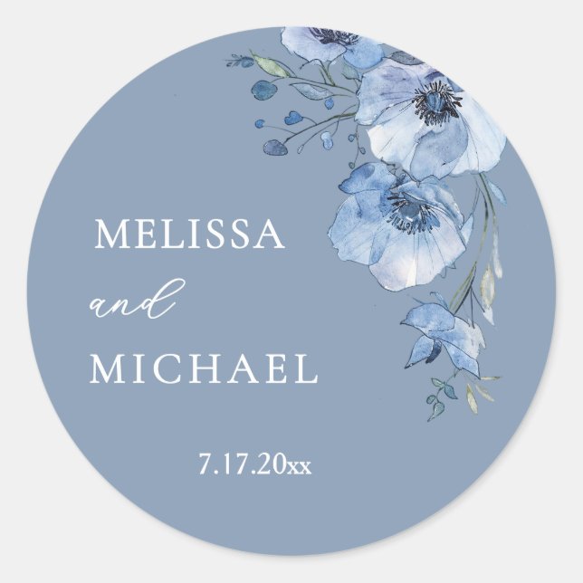 Blue Watercolor Flowers Wedding Classic Round Sticker (Front)