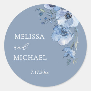 Blue Watercolor Flowers Wedding Classic Round Sticker
