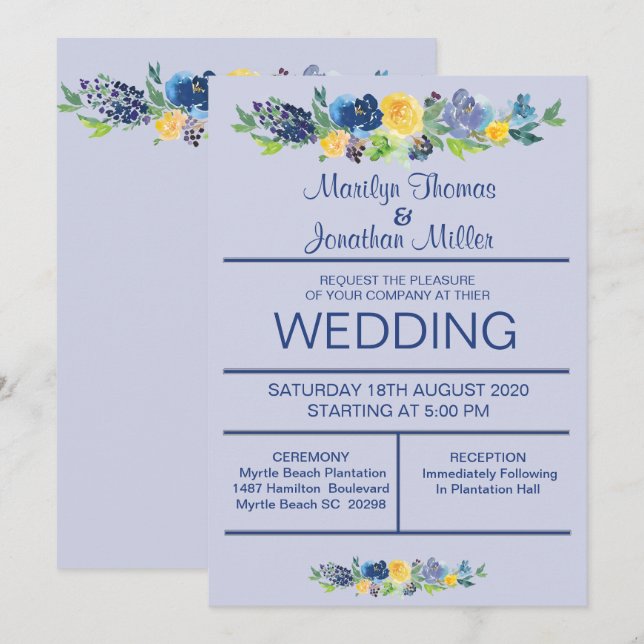 Blue Watercolor Flowers  Wedding Invitation (Front/Back)