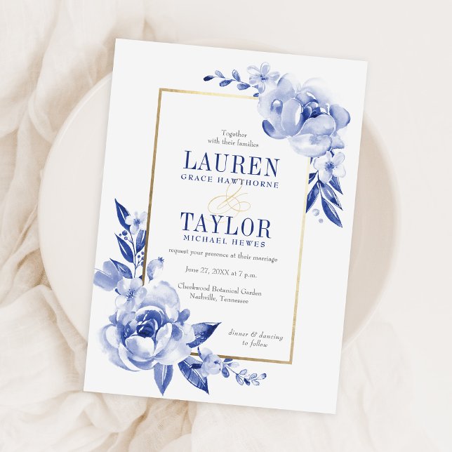 Blue Watercolor Flowers Wedding Invitation (Creator Uploaded)