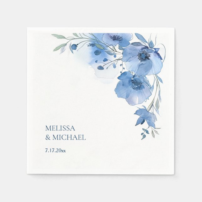 Blue Watercolor Flowers Wedding Napkin (Front)