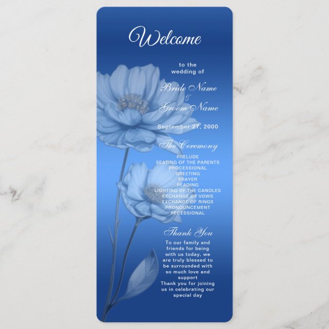 Blue Watercolor Flowers Wedding Program Programme (Front)