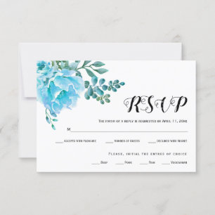 Blue watercolor flowers wedding RSVP card