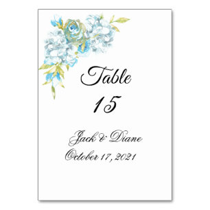 Blue Watercolor Flowers Wedding Table Number
