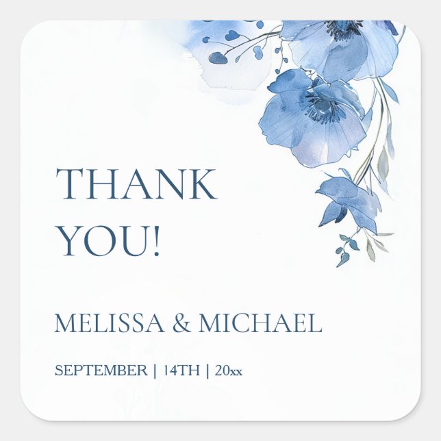 Blue Watercolor Flowers Wedding Thank You Square Sticker (Front)
