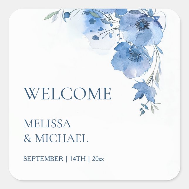 Blue Watercolor Flowers Wedding Welcome Square Sticker (Front)