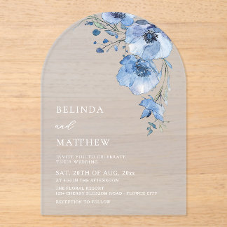 Blue Watercolor Flowers White Acrylic Invitations