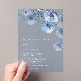 Blue Watercolor Flowers White Acrylic Invitations