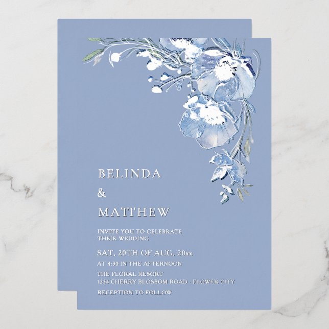 Blue Watercolor Flowers White Silver (Front/Back)