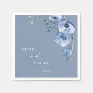 Blue Watercolor Flowers Your Names Wedding Napkin