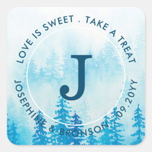 Blue Watercolor Foggy Forest Monogram Square Sticker