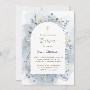 blue watercolor foliage Baptism  Invitation