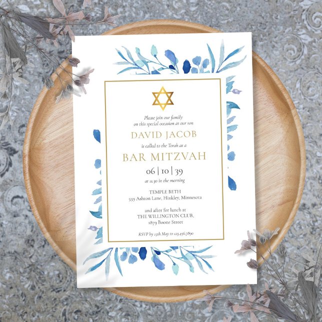 Blue Watercolor Foliage Bar Mitzvah Bat Mitzvah Invitation (Blue Watercolor Foliage Bar Mitzvah Bat Mitzvah Invitation)