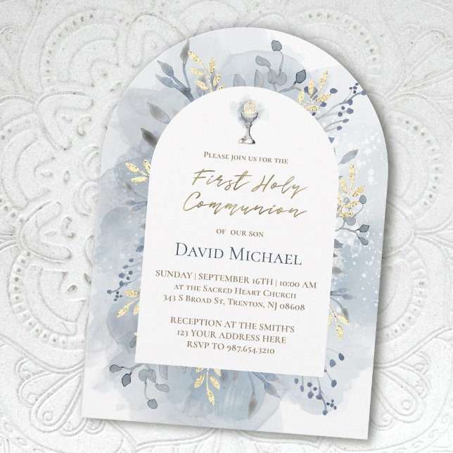  blue watercolor foliage First Holy Communion  Invitation (Creator Uploaded)