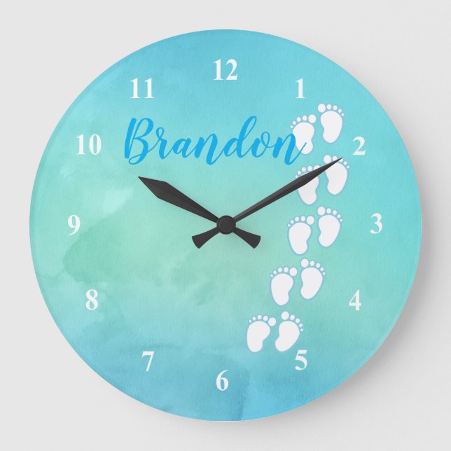 Blue Watercolor Footprint Little Baby Feet Name Large Clock (Front)