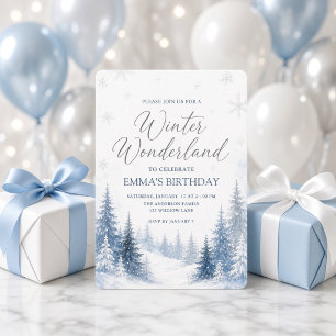 Blue Watercolor Forest Winter Wonderland Birthday Invitation