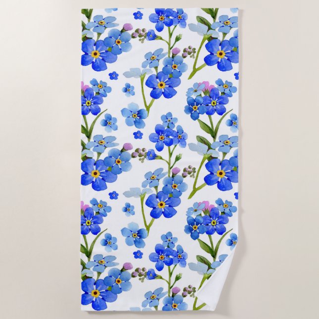 Blue Watercolor Forget-me-not Flowers Beach Towel (Front)