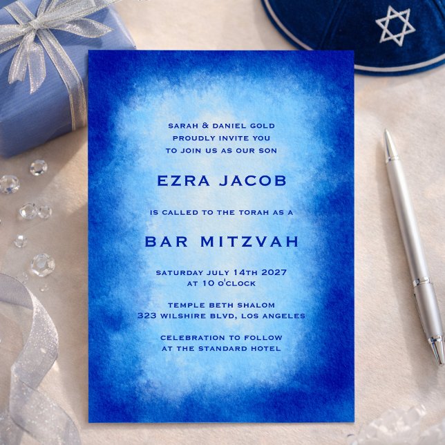 Blue Watercolor Frame Custom Bar Bat Mitzvah Invitation (Blue Watercolor Frame Custom Bar Bat Mitzvah Invitation
)