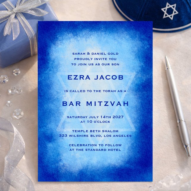 Blue Watercolor Frame Star Custom Bar Bat Mitzvah Invitation (Blue Watercolor Frame Star Custom Bar Bat Mitzvah Invitation
)