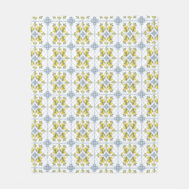 Blue Watercolor French Country Lemon Fleece Blanket (Front)
