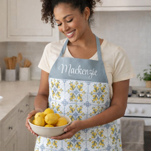 Blue Watercolor French Country Lemon Name Monogram Apron